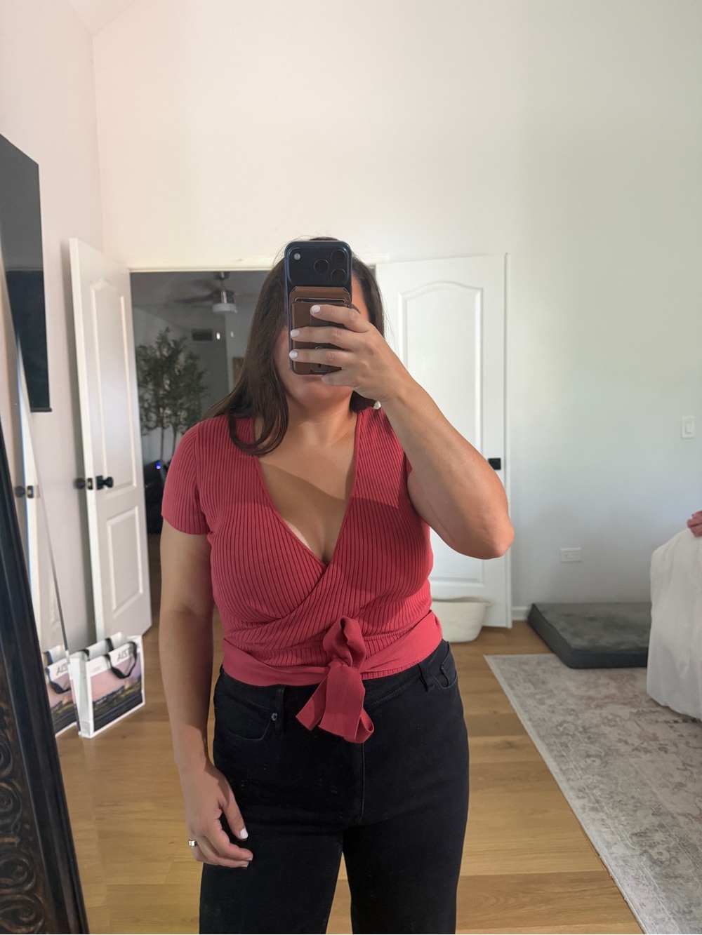 Aritzia Wilfred Pink Ribbed Wrap Tie-Front Top Stretch Short Sleeve Womens Med - Picture 2 of 7